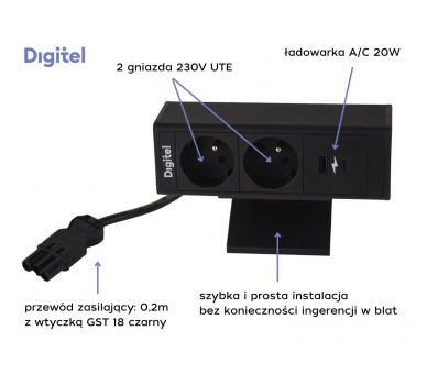 Gniazdo meblowe DESK UP 2x 230V z uziemieniem  + USB A/C CZARNE z wtyczką GST18 0,2m DIGITEL