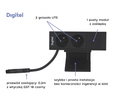 Gniazdo meblowe DESK UP 2x 230V z uziemieniem  + pusty moduł CZARNE z wtyczką GST18 0,2m DIGITEL