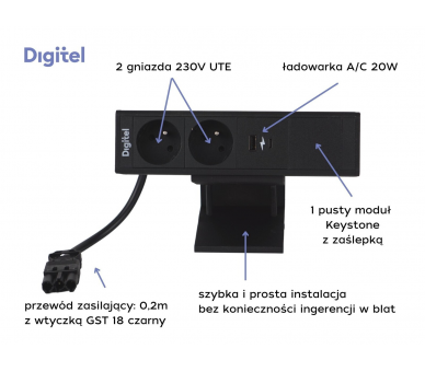 Gniazdo meblowe DESK UP 2x 230V z uziemieniem  + 2x USB A/C + pusty moduł CZARNE z wtyczką GST18 0,2m DIGITEL