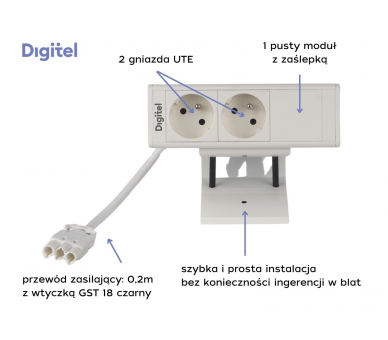 Gniazdo meblowe DESK UP 2x 230V z uziemieniem  + pusty moduł BIAŁE z wtyczką GST18 0,2m DIGITEL