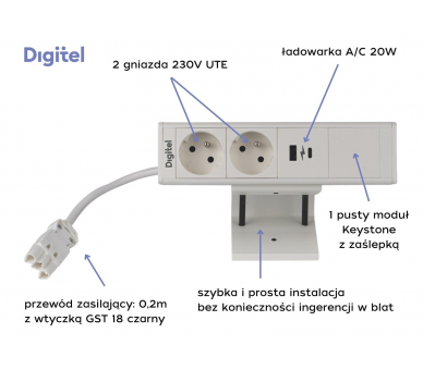 Gniazdo meblowe DESK UP 2x 230V z uziemieniem  + 2x USB A/C + pusty moduł BIAŁE z wtyczką GST18 0,2m DIGITEL