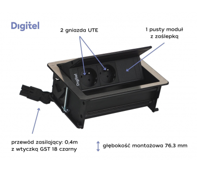 Gniazdo meblowe FLIP UP PUSH 2x 230V z uziemieniem  + 1x pusty moduł czarne stal nierdzewna z wtyczką GST18 0,4m DIGITEL