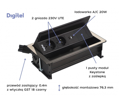 Gniazdo meblowe FLIP UP PUSH 2x 230V z uziemieniem + 2x USB A/C + 1x pusty moduł czarne stal nierdzewna z wtyczką GST18 0,4m