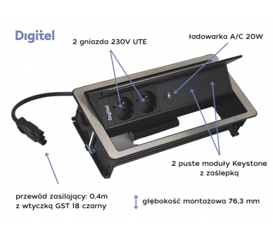 Gniazdo meblowe FLIP UP PUSH 2x 230V z uziemieniem + 2x USB A/C + 2x pusty moduł czarne stal nierdzewna z wtyczką GST18 0,4m