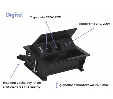 Gniazdo meblowe FLIP UP PUSH 2x 230V z uziemieniem  + 2x USB A/C czarne z wtyczką GST18 0,4m DIGITEL