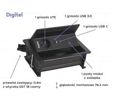 Gniazdo meblowe FLIP UP PUSH 230V z uziemieniem + 2x USB A/C + 1x pusty moduł czarne z wtyczką GST18 0,4m DIGITEL