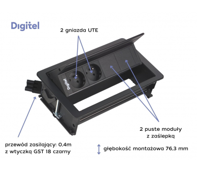 Gniazdo meblowe FLIP UP PUSH 2x 230V z uziemieniem  + 2x pusty moduł czarne z wtyczką GST18 0,4m DIGITEL