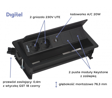 Gniazdo meblowe FLIP UP PUSH 2x 230V z uziemieniem + 2x USB A/C + 2x pusty moduł czarne z wtyczką GST18 0,4m DIGITEL