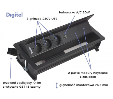 Gniazdo meblowe FLIP UP PUSH 3x 230V z uziemieniem + 2x USB A/C + 2x pusty moduł czarne z wtyczką GST18 0,4m DIGITEL