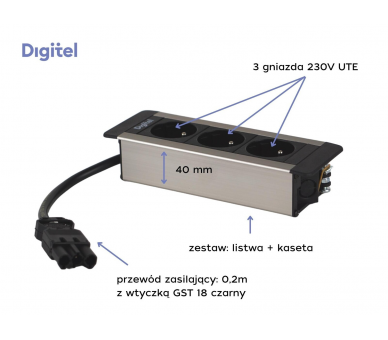 Gniazdo meblowe SLIM FRAME 3x 230V z uziemieniem czarne aluminium z wtyczką GST18 0,2m DIGITEL