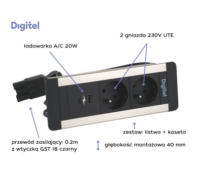 Gniazdo meblowe SLIM FRAME 2x 230V z uziemieniem + 2x USB A/C czarne aluminium z wtyczką GST18 0,2m DIGITEL