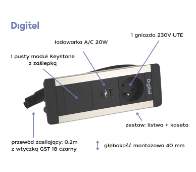 Gniazdo meblowe SLIM FRAME 230V z uziemieniem + 2x USB A/C + pusty moduł czarne aluminium z wtyczką GST18 0,2m DIGITEL