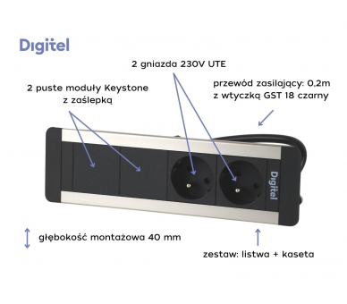 Gniazdo meblowe SLIM FRAME 2x 230V z uziemieniem + 2x pusty moduł czarne aluminium z wtyczką GST18 0,2m DIGITEL