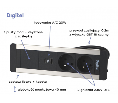 Gniazdo meblowe SLIM FRAME 2x 230V z uziemieniem + 2x USB A/C + pusty moduł czarne aluminium z wtyczką GST18 0,2m DIGITEL