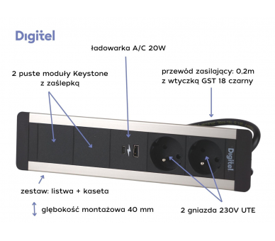 Gniazdo meblowe SLIM FRAME 2x 230V z uziemieniem + 2x USB A/C + 2x pusty moduł czarne aluminium z wtyczką GST18 0,2m DIGITEL