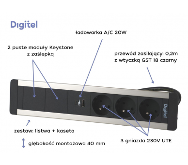 Gniazdo meblowe SLIM FRAME 3x 230V z uziemieniem + 2x USB A/C + 2x pusty moduł czarne aluminium z wtyczką GST18 0,2m DIGITEL