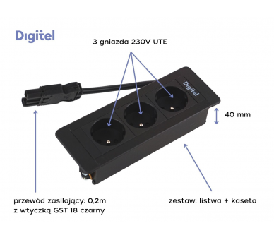 Gniazdo meblowe SLIM FRAME 3x 230V z uziemieniem czarne z wtyczką GST18 0,2m DIGITEL