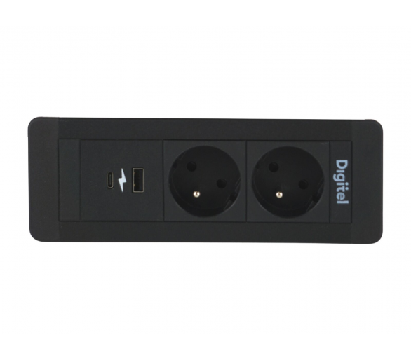 Gniazdo meblowe SLIM FRAME 2x 230V z uziemieniem + 2x USB A/C czarne z wtyczką GST18 0,2m DIGITEL