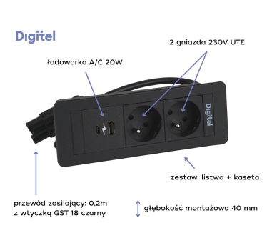 Gniazdo meblowe SLIM FRAME 2x 230V z uziemieniem + 2x USB A/C czarne z wtyczką GST18 0,2m DIGITEL