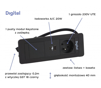 Gniazdo meblowe SLIM FRAME 230V z uziemieniem + 2x USB A/C + pusty moduł czarne z wtyczką GST18 0,2m DIGITEL