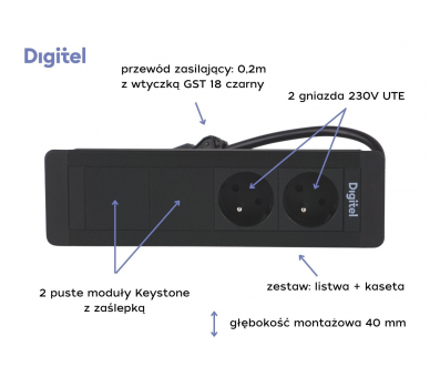 Gniazdo meblowe SLIM FRAME 2x 230V z uziemieniem + 2x pusty moduł czarne z wtyczką GST18 0,2m DIGITEL