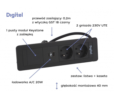 Gniazdo meblowe SLIM FRAME 2x 230V z uziemieniem + 2x USB A/C + pusty moduł czarne z wtyczką GST18 0,2m DIGITEL