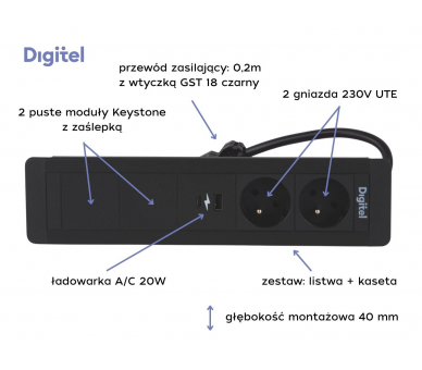 Gniazdo meblowe SLIM FRAME 2x 230V z uziemieniem + 2x USB A/C + 2x pusty moduł czarne z wtyczką GST18 0,2m DIGITEL