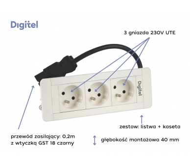 Gniazdo meblowe SLIM FRAME 3x 230V z uziemieniem białe z wtyczką GST18 0,2m DIGITEL