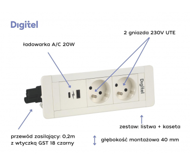 Gniazdo meblowe SLIM FRAME 2x 230V z uziemieniem + 2x USB A/C białe z wtyczką GST18 0,2m DIGITEL