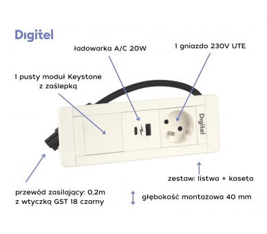 Gniazdo meblowe SLIM FRAME 230V z uziemieniem + 2x USB A/C + pusty moduł białe z wtyczką GST18 0,2m DIGITEL