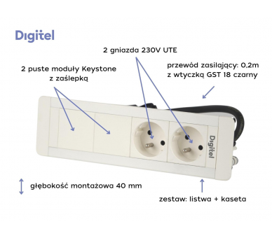 Gniazdo meblowe SLIM FRAME 2x 230V z uziemieniem + 2x pusty moduł białe z wtyczką GST18 0,2m DIGITEL