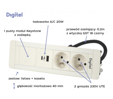 Gniazdo meblowe SLIM FRAME 2x 230V z uziemieniem + 2x USB A/C + pusty moduł białe z wtyczką GST18 0,2m DIGITEL