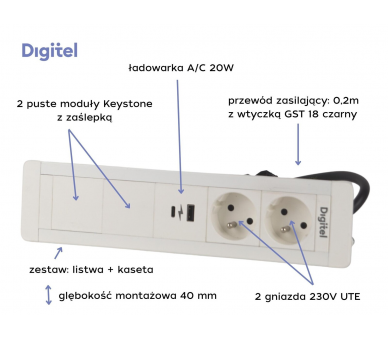 Gniazdo meblowe SLIM FRAME 2x 230V z uziemieniem + 2x USB A/C + 2x pusty moduł białe z wtyczką GST18 0,2m DIGITEL