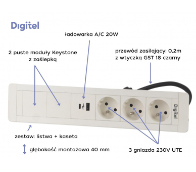 Gniazdo meblowe SLIM FRAME 3x 230V z uziemieniem + 2x USB A/C + 2x pusty moduł białe z wtyczką GST18 0,2m DIGITEL