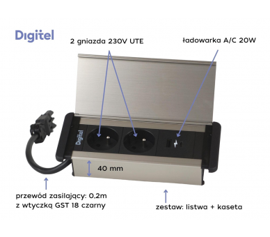 Gniazdo meblowe SLIM COVER 2 230V z uziemieniem + 2x USB A/C czarne aluminium z wtyczką GST18 0,2m DIGITEL