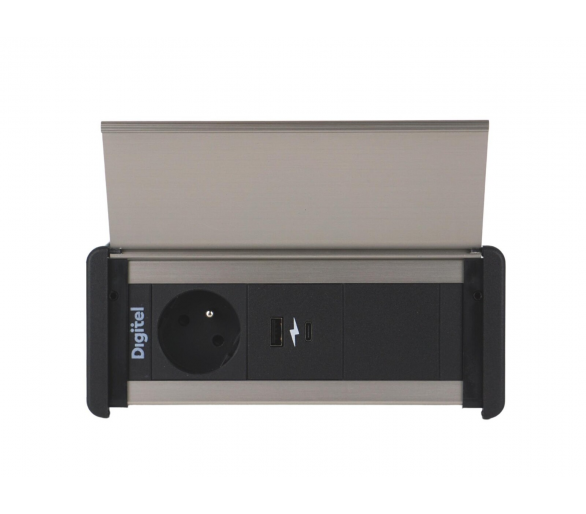 Gniazdo meblowe SLIM COVER 230V z uziemieniem + 2x USB A/C + pusty moduł czarne aluminium z wtyczką GST18 0,2m DIGITEL