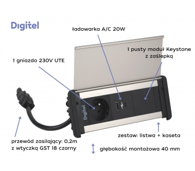 Gniazdo meblowe SLIM COVER 230V z uziemieniem + 2x USB A/C + pusty moduł czarne aluminium z wtyczką GST18 0,2m DIGITEL