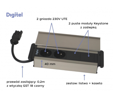 Gniazdo meblowe SLIM COVER 2x 230V z uziemieniem + 2x pusty moduł czarne aluminium z wtyczką GST18 0,2m DIGITEL