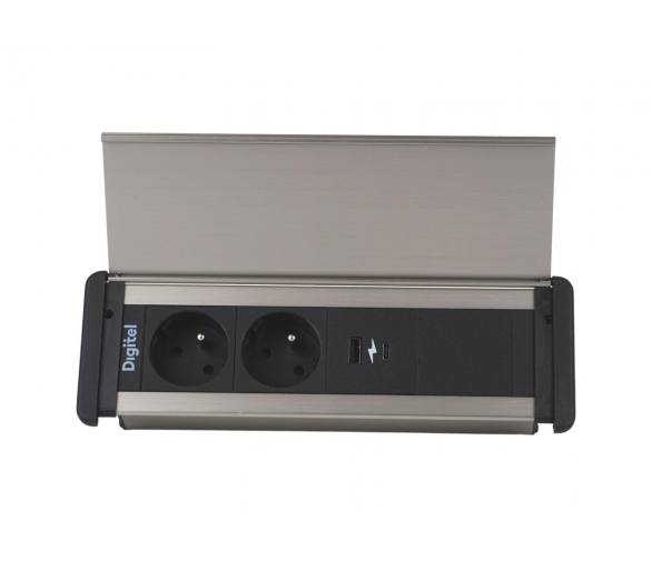 Gniazdo meblowe SLIM COVER 2x 230V z uziemieniem + 2x USB A/C + pusty moduł czarne aluminium z wtyczką GST18 0,2m DIGITEL