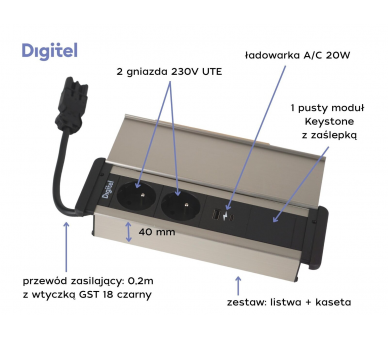 Gniazdo meblowe SLIM COVER 2x 230V z uziemieniem + 2x USB A/C + pusty moduł czarne aluminium z wtyczką GST18 0,2m DIGITEL