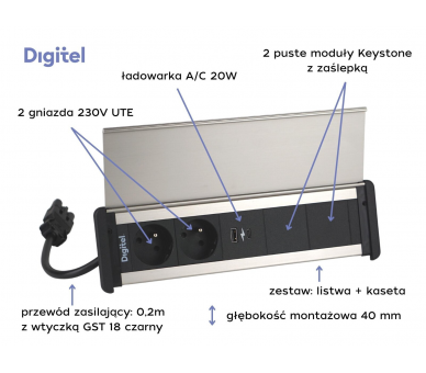 Gniazdo meblowe SLIM COVER 2x 230V z uziemieniem + 2x USB A/C + 2x pusty moduł czarne aluminium z wtyczką GST18 0,2m DIGITEL