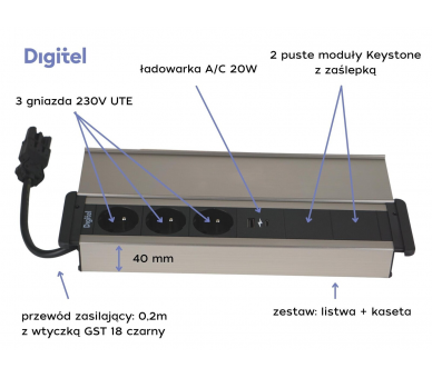 Gniazdo meblowe SLIM COVER 3x 230V z uziemieniem + 2x USB A/C + 2x pusty moduł czarne aluminium z wtyczką GST18 0,2m DIGITEL