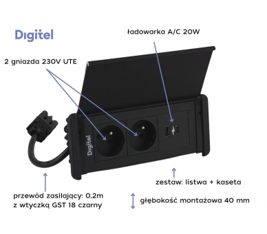 Gniazdo meblowe SLIM COVER 2x 230V z uziemieniem + 2x USB A/C czarne z wtyczką GST18 0,2m DIGITEL