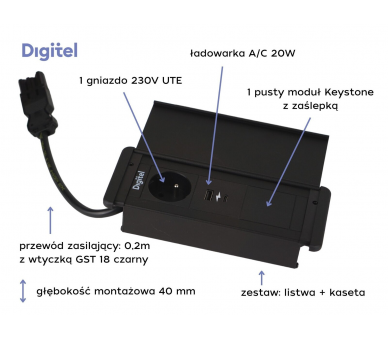 Gniazdo meblowe SLIM COVER 230V z uziemieniem + 2x USB A/C + pusty moduł czarne z wtyczką GST18 0,2m DIGITEL