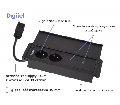 Gniazdo meblowe SLIM COVER 2x 230V z uziemieniem + 2x pusty moduł czarne z wtyczką GST18 0,2m DIGITEL