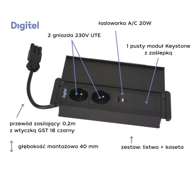 Gniazdo meblowe SLIM COVER 2x 230V z uziemieniem + 2x USB A/C + pusty moduł czarne z wtyczką GST18 0,2m DIGITEL