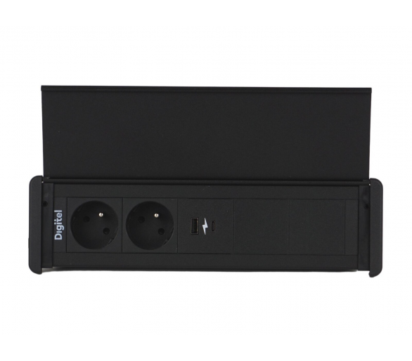 Gniazdo meblowe SLIM COVER 2x 230V z uziemieniem + 2x USB A/C + 2x pusty moduł czarne z wtyczką GST18 0,2m DIGITEL