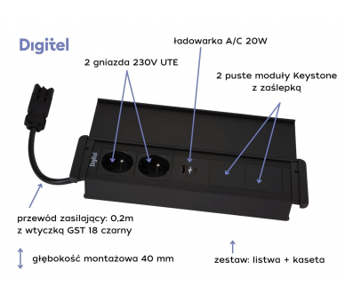 Gniazdo meblowe SLIM COVER 2x 230V z uziemieniem + 2x USB A/C + 2x pusty moduł czarne z wtyczką GST18 0,2m DIGITEL