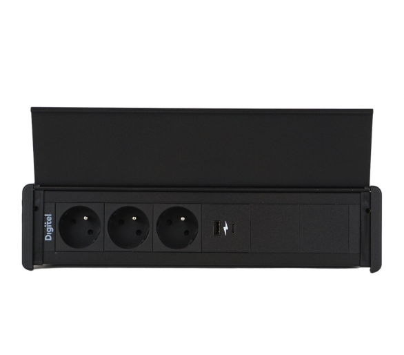 Gniazdo meblowe SLIM COVER 3x 230V z uziemieniem + 2x USB A/C + 2x pusty moduł czarne z wtyczką GST18 0,2m DIGITEL