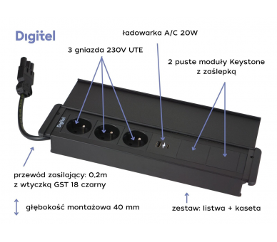 Gniazdo meblowe SLIM COVER 3x 230V z uziemieniem + 2x USB A/C + 2x pusty moduł czarne z wtyczką GST18 0,2m DIGITEL